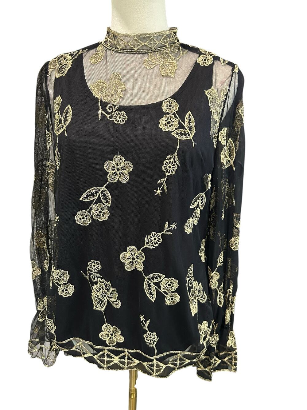 Ultra Pink Black Gold Embroidered Mesh Blouse Victorian Whimsy Sheer Top Small